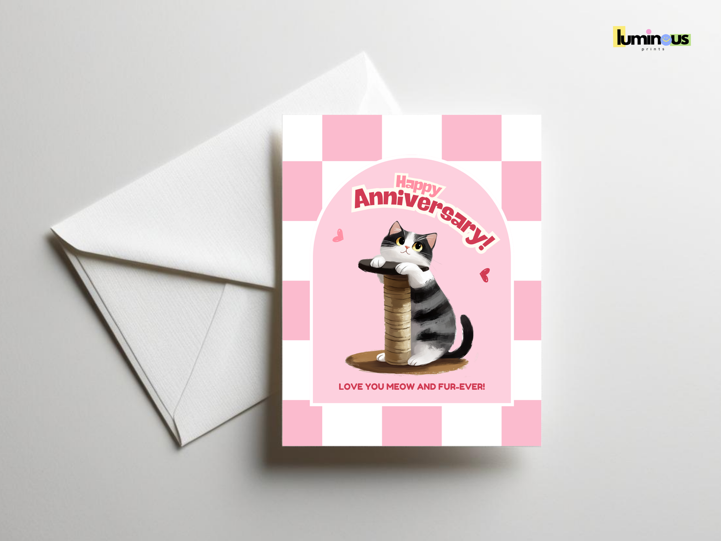 “Love You Meow & Fur-Ever” - Pink Checkered Cat Anniversary Sticker Card