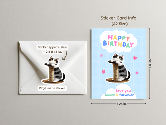 Baby Blue Scrapbook-Style Cat Sticker Birthday Card – “Love You Meow & Fur-Ever”