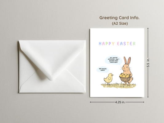 Eggflation Easter Card – Funny Bunny & Chick Card in Whimsical Doodle Style