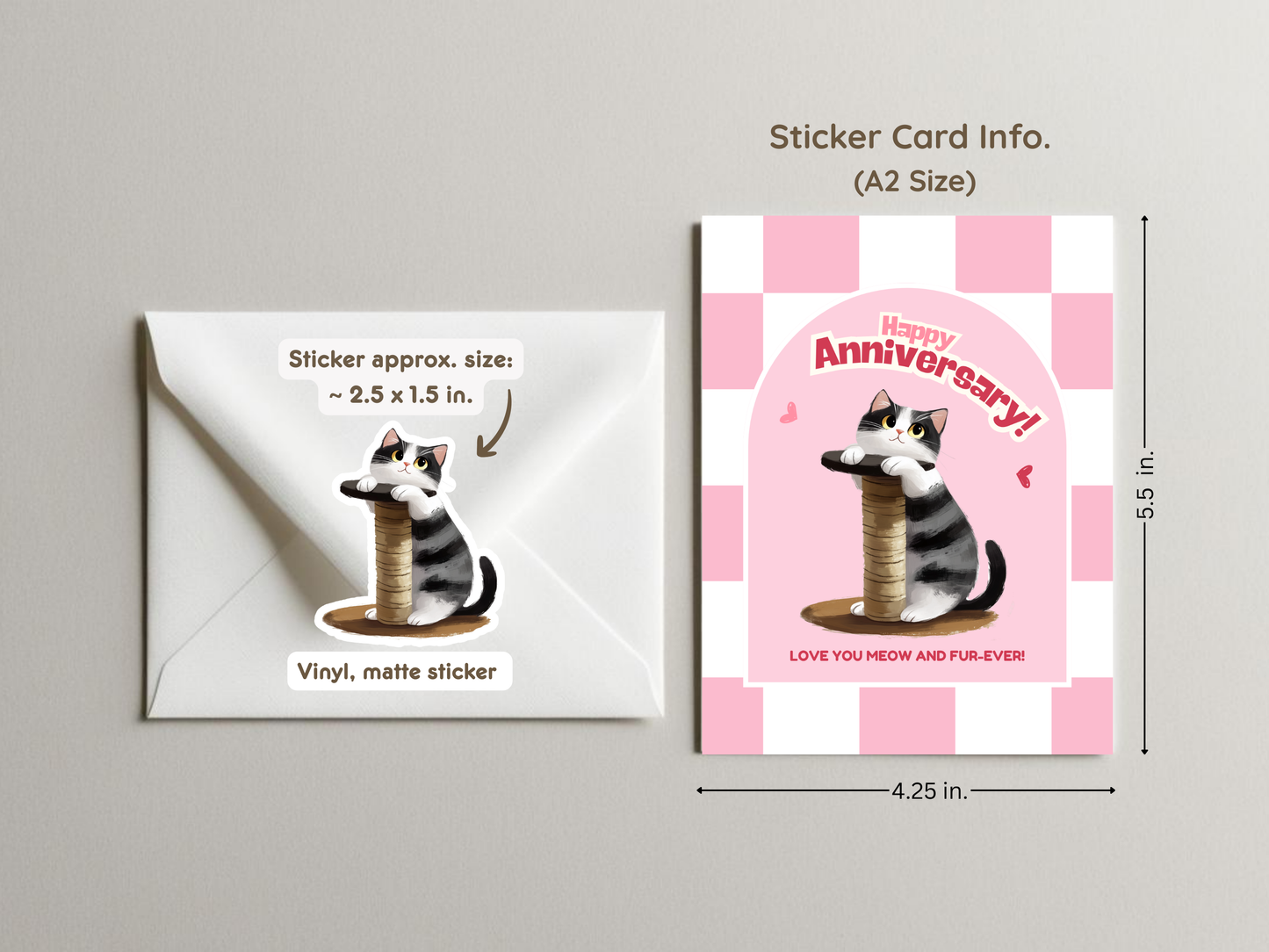 “Love You Meow & Fur-Ever” - Pink Checkered Cat Anniversary Sticker Card