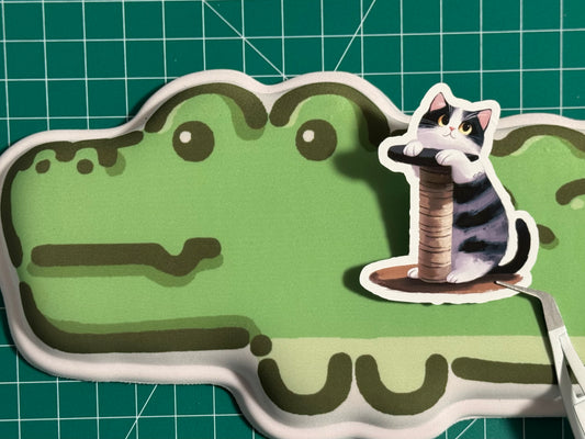 Cute Stripy Cat with Scratching Pole Matte Vinyl Sticker