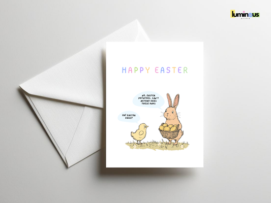 Eggflation Easter Card – Funny Bunny & Chick Card in Whimsical Doodle Style
