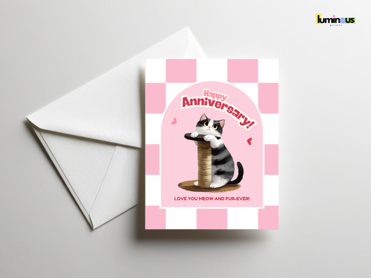 “Love You Meow & Fur-Ever” - Pink Checkered Cat Anniversary Sticker Card
