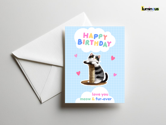 Baby Blue Scrapbook-Style Cat Sticker Birthday Card – “Love You Meow & Fur-Ever”