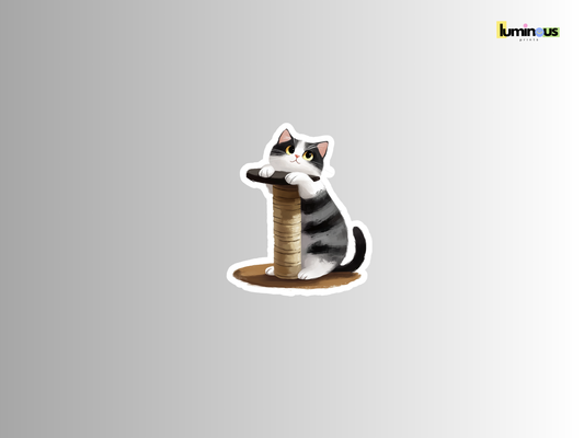 Cute Stripy Cat with Scratching Pole Matte Vinyl Sticker