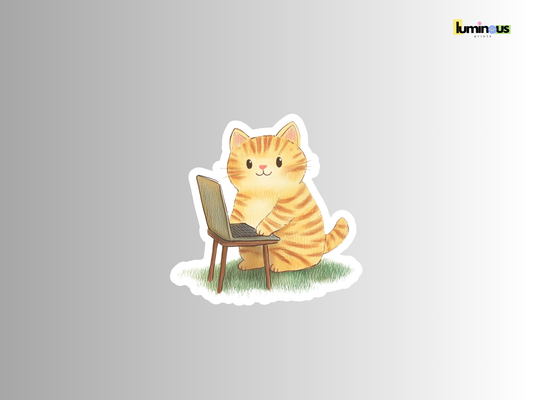 Orange Tabby Cat Typing on a Laptop Matte Vinyl Sticker